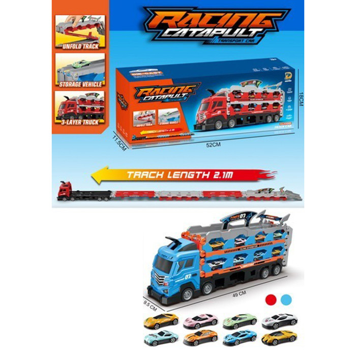 Трейлер ZD2309 (9шт) інерц, 49см, 3в1(трек 210см, гараж), гумові колеса, машина 8шт (метал), 2 кольори, в кор-ці, 52-18-11,5см, фото 1