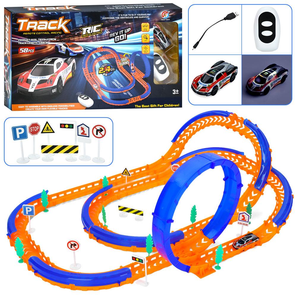 Трек FT-69 (12шт) 458см/78-54-26см, машина (8см, р/к2,4G, акум, USBзарядне, світло), дорожні знаки, 58дет, в кор-ці, 48-27-7см, фото 1