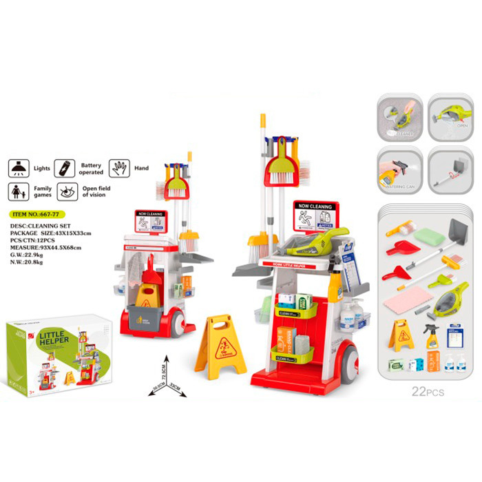 Набір для прибирання 667-77 (12шт) візок,33-30,5-в72,5см, 22 предмети, відро,швабра,щітка,совок,пилесос,звук,світло, на бат-ці,в, фото 1