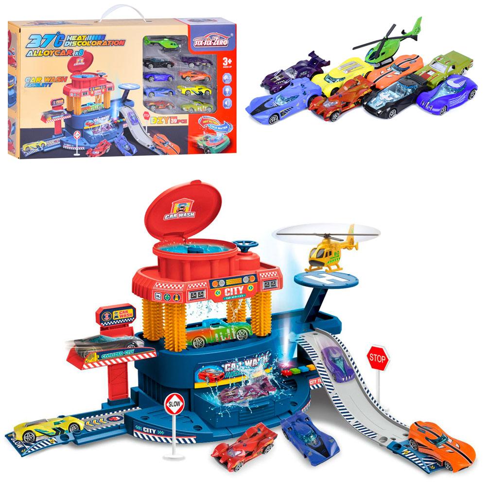 Гараж 660-S16 (6шт) автомийка,46-35-в26см,звук,світло,ллється вода, машина6шт-змінює колір,вертоліт,метал,39дет,бат(табл),в, фото 1