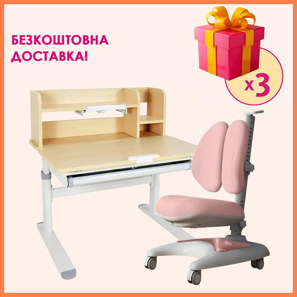 Комплект парта (стіл) з надбудовою Fundesk Invito Grey + дитяче ортопедичне крісло Fundesk Premio Pink для школяра дівчинки