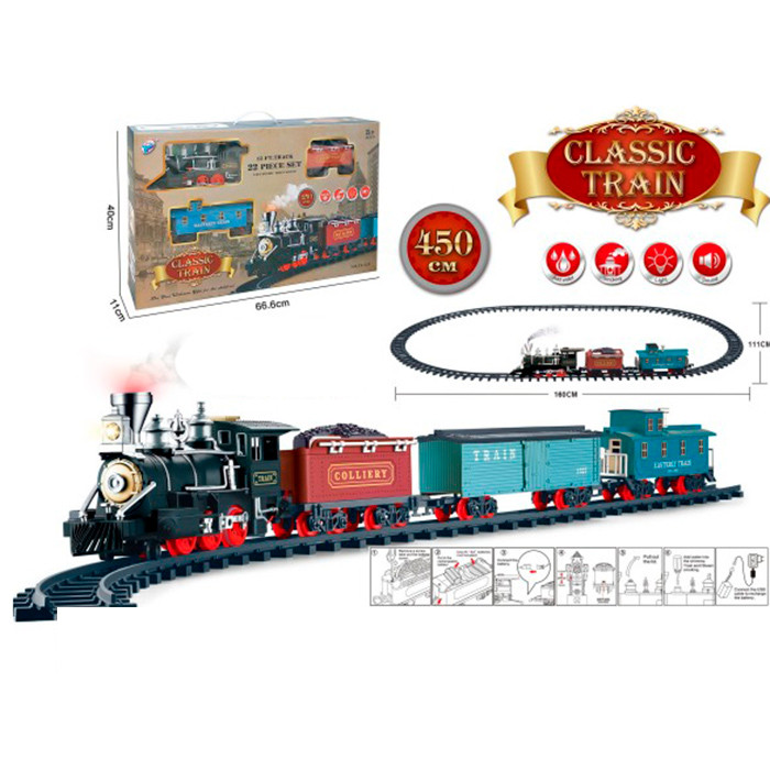 Залізниця YY-520 (9шт) 160-111см/450см, локомотив, звук,світло, пара/дим, вагони 3шт, акум., USB зарядне, 22дет,в кор-ці,, фото 1