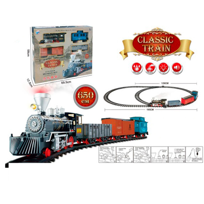 Залізниця YY-518 (6шт) 192-135см/650см, локомотив, звук,світло,пара/дим, вагони 3шт, акум., USB зарядне,29дет,в кор-ці, 69-58-12см, фото 1