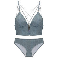 Комфортный комплект женского белья формованный топ-бюст и трусы из дышащей ткани цвет Джинс