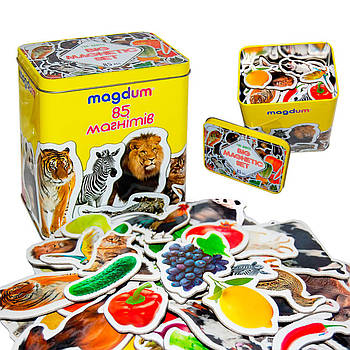 Магніти, Набір магнітів "Magdum", 85 елементів, тварин, фруктів, у коробці