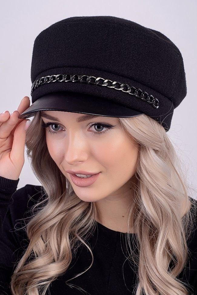 Жіноча кашемірова кепка, кожаний козирек, фото 1