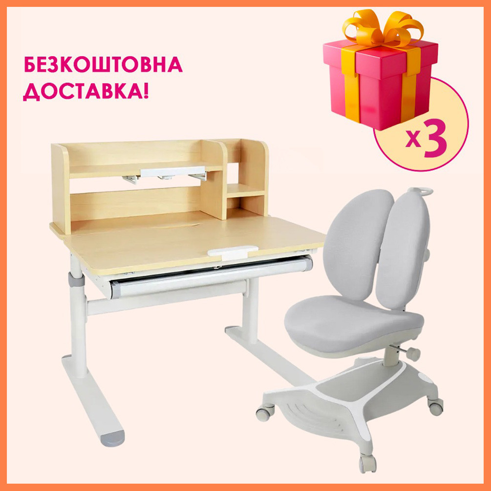 Комплект парта (стіл) з надбудовою Fundesk Invito Grey + дитяче ортопедичне крісло Cubby Bunias Grey для школяра