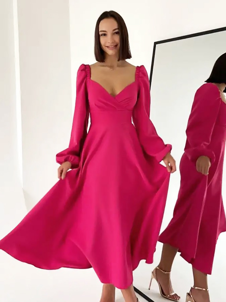 Нарядне довге вечірнє плаття з довгим рукавом та декольте, малинове, фото 1