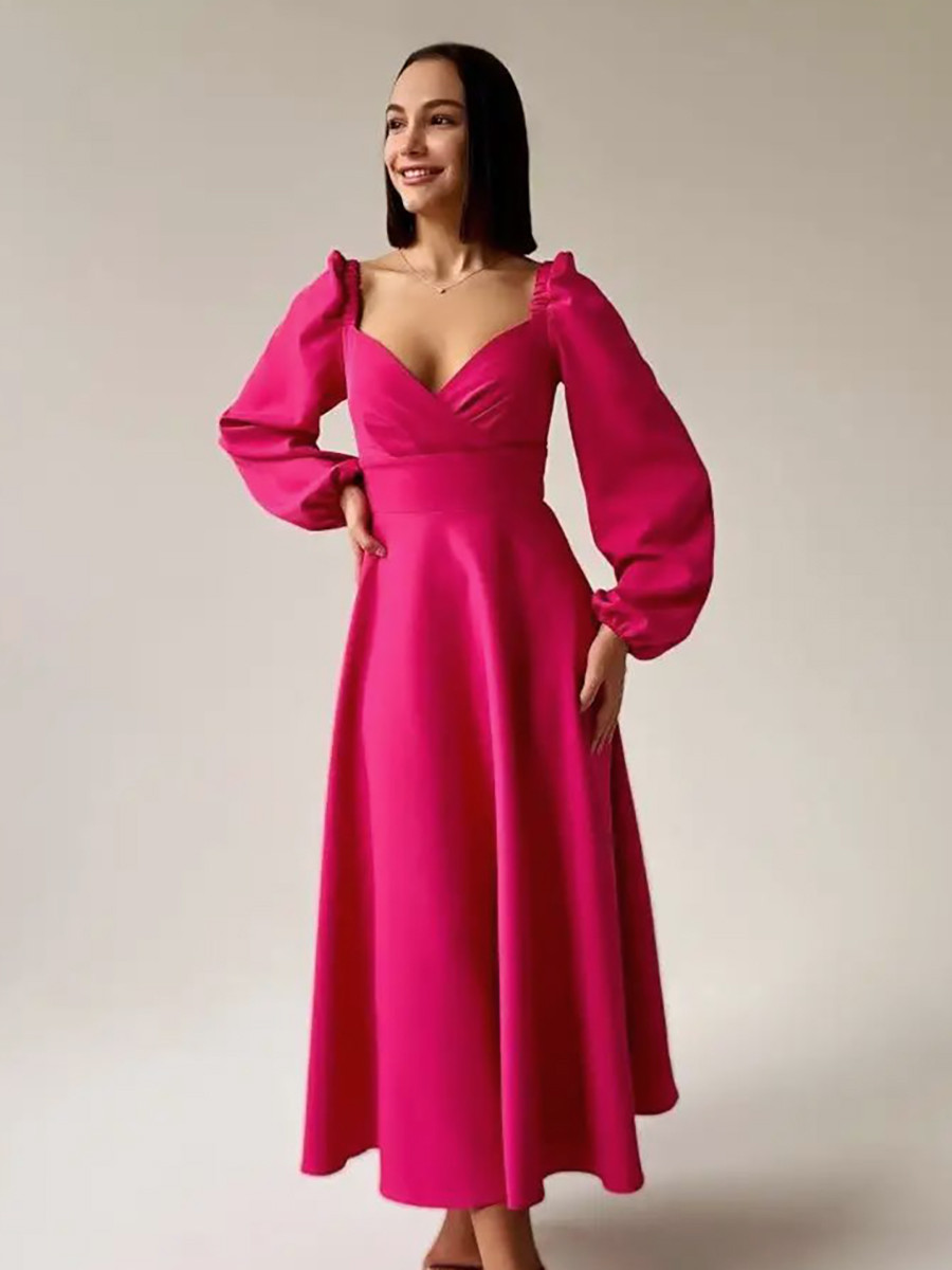 Романтичне довге вечірнє плаття з декольте, малинове, фото 1