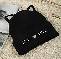 Шапка тепла жіноча чорна з вушками Котика