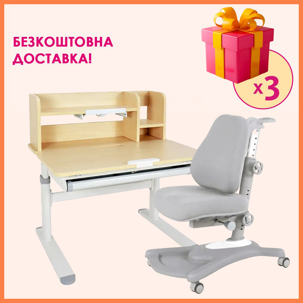 Комплект парта (стіл) з надбудовою Fundesk Invito Grey + дитяче ортопедичне крісло Fundesk Sorridi Grey для школяра