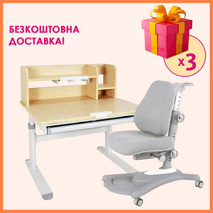 Комплект парта (стіл) з надбудовою Fundesk Invito Grey + дитяче ортопедичне крісло Fundesk Sorridi Grey для школяра, фото 1