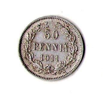 Фінляндія › Iмператор Микола II 50 пенні, 1914 рік Срібло 0.750, 2.55g, ø 18.6mm №449, фото 1