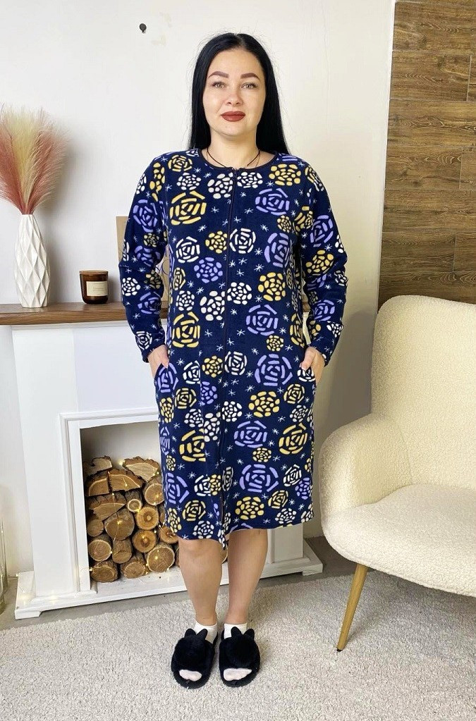 Халат жіночий на блискавці флісовий батал довгий квіти 48-62