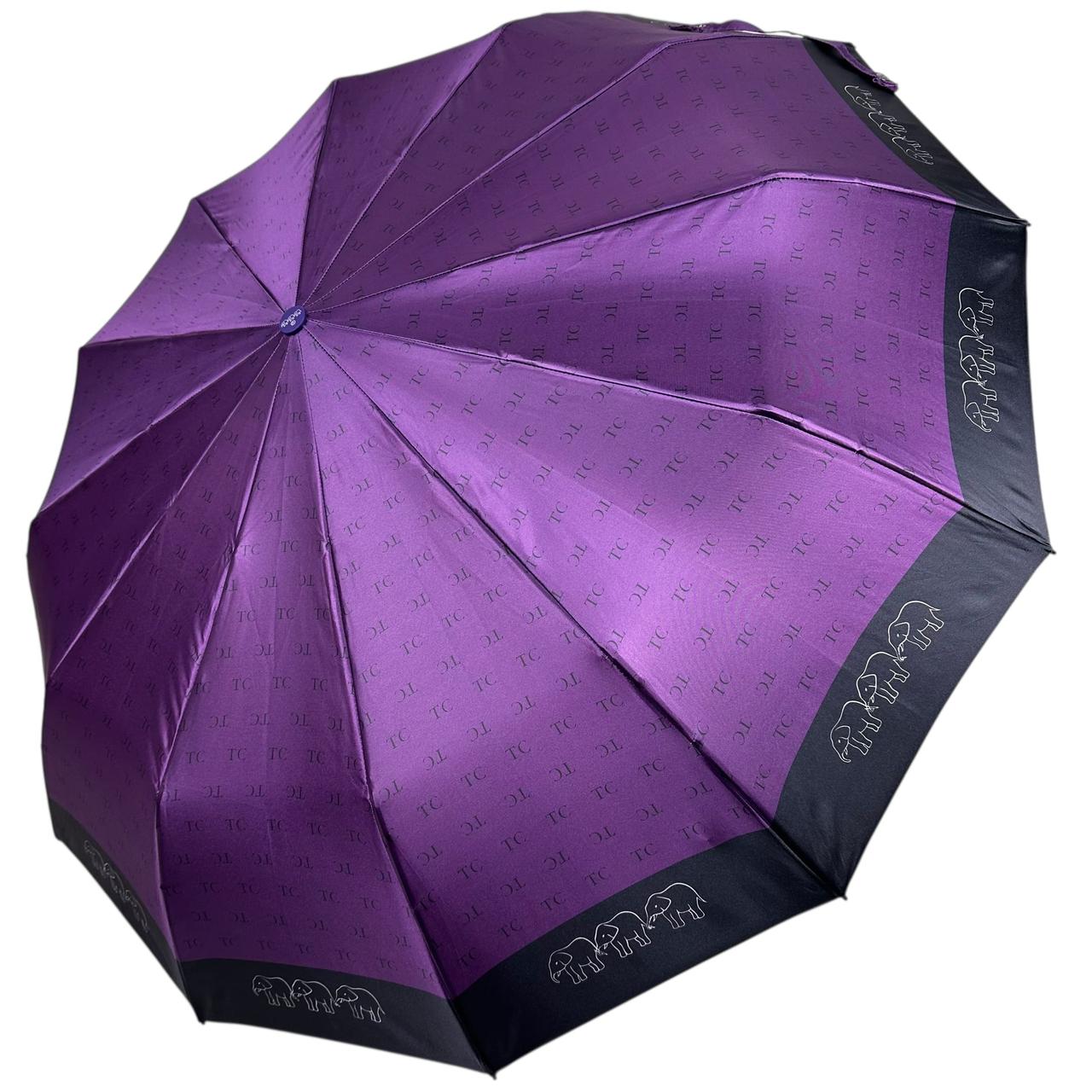 Жіноча парасоля автомат на 12+4+2 сигментних карбонових спиць сатиновий купол з принтом від Три Слона, фіолетова, TSL 03025-1