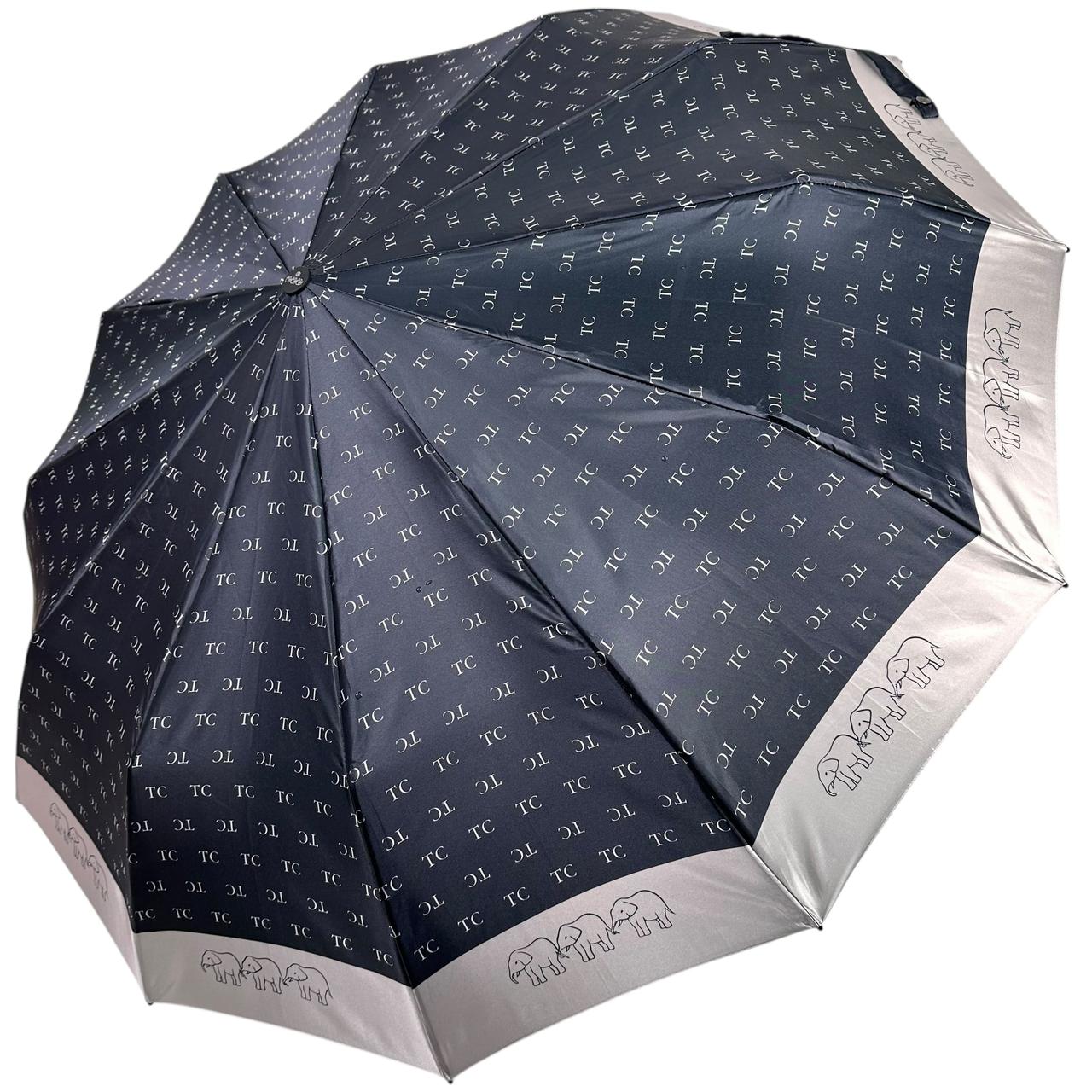 Жіноча парасоля автомат на 12+4+2 сигментних карбонових спиць сатиновий купол з принтом від Три Слона, чорна, TSL 03025-3