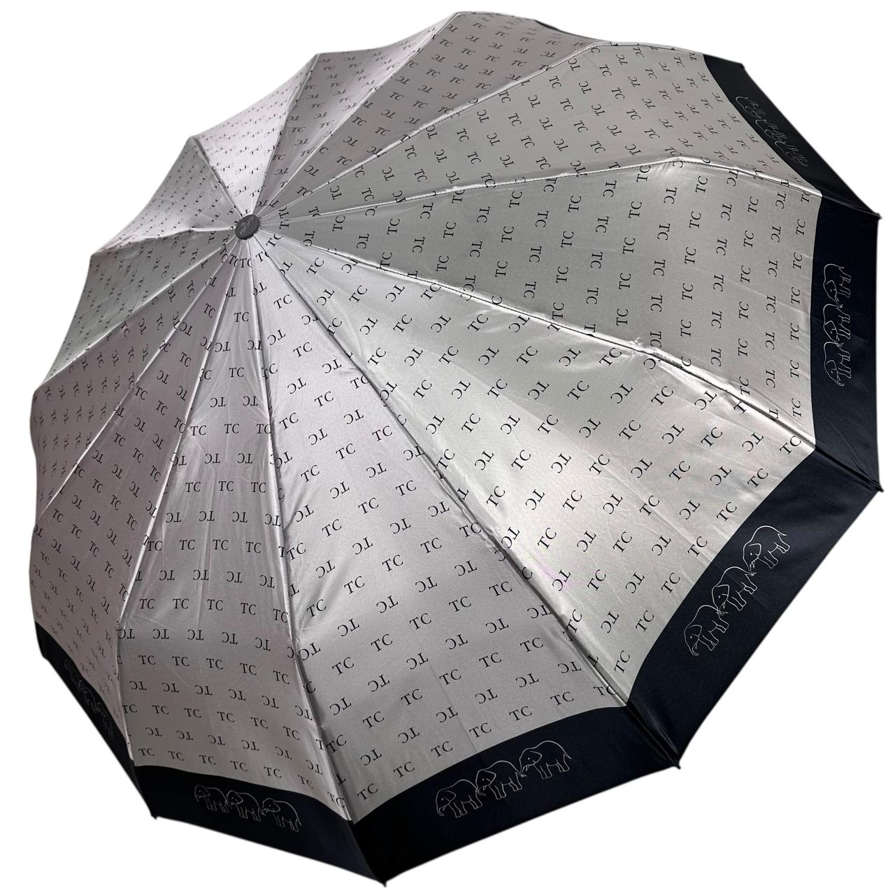 Жіноча парасоля автомат на 12+4+2 сигментних карбонових спиць сатиновий купол з принтом від Три Слона, сіра, TSL 03025-4