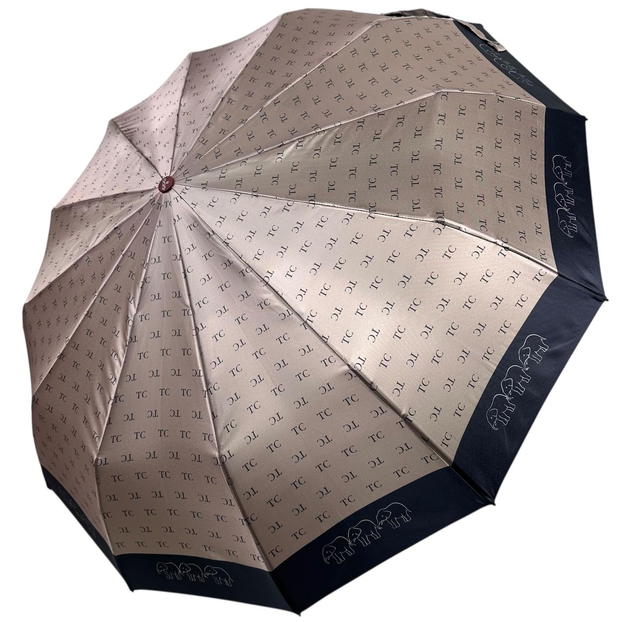 Жіноча парасоля автомат на 12+4+2 сигментних карбонових спиць сатиновий купол з принтом від Три Слона, бежева, TSL 03025-5, фото 1