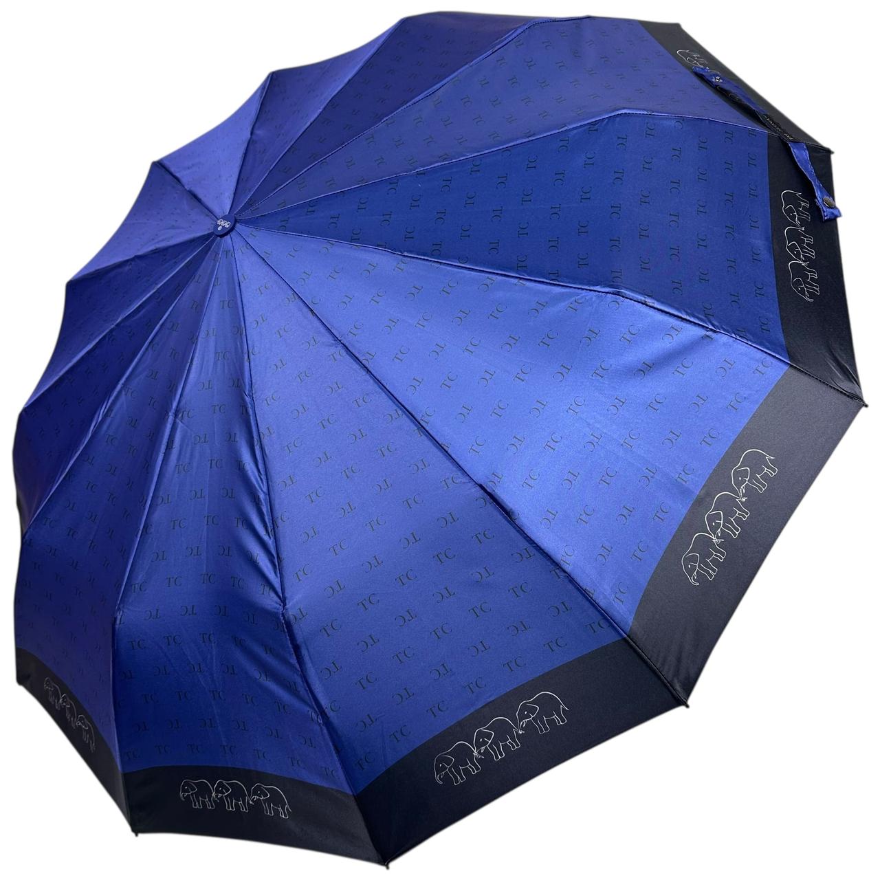 Жіноча парасоля автомат на 12+4+2 сигментних карбонових спиць сатиновий купол з принтом від Три Слона, синя, TSL 03025-6