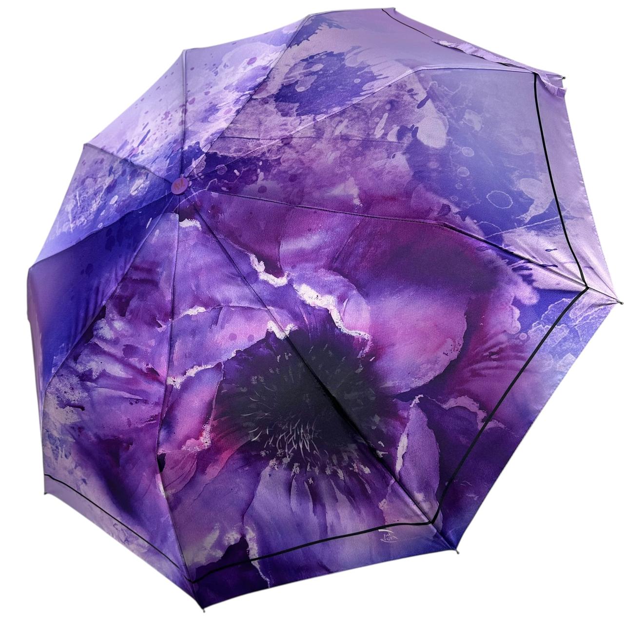 Жіноча парасоля напівавтомат на 9 спиць з принтом квітки від Frei Regen, ручка бузкова, FR 09075-1