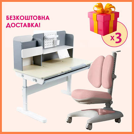 Комплект парта (стіл) з надбудовою Fundesk Ginepro Grey + дитяче ортопедичне крісло Fundesk Premio Pink для школяра дівчинки, фото 1