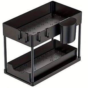 Етажерка на кухню і ванну 2 яруси з гачками Kitchen Storage Rack 34см Стелаж у ванну чорного кольору