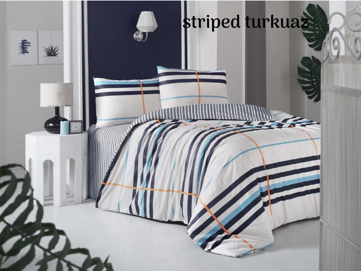 Постільна білизна Altinbasak  євро розмір ранфорс Striped turkuaz, фото 1