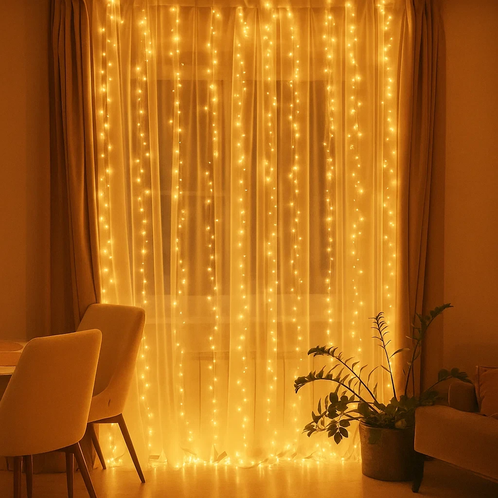 Новорічна гірлянда кімнатна штора роса Хвойна лапа 3х3 м 600 LED Жовте світло D600LED3MY, фото 1