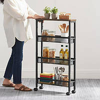 Візок-органайзер з 4 полицями на колесах для облаштування Ніш, пластик / сталь, 88 x 41,5 x 23,5 см Чорний и Коричневий