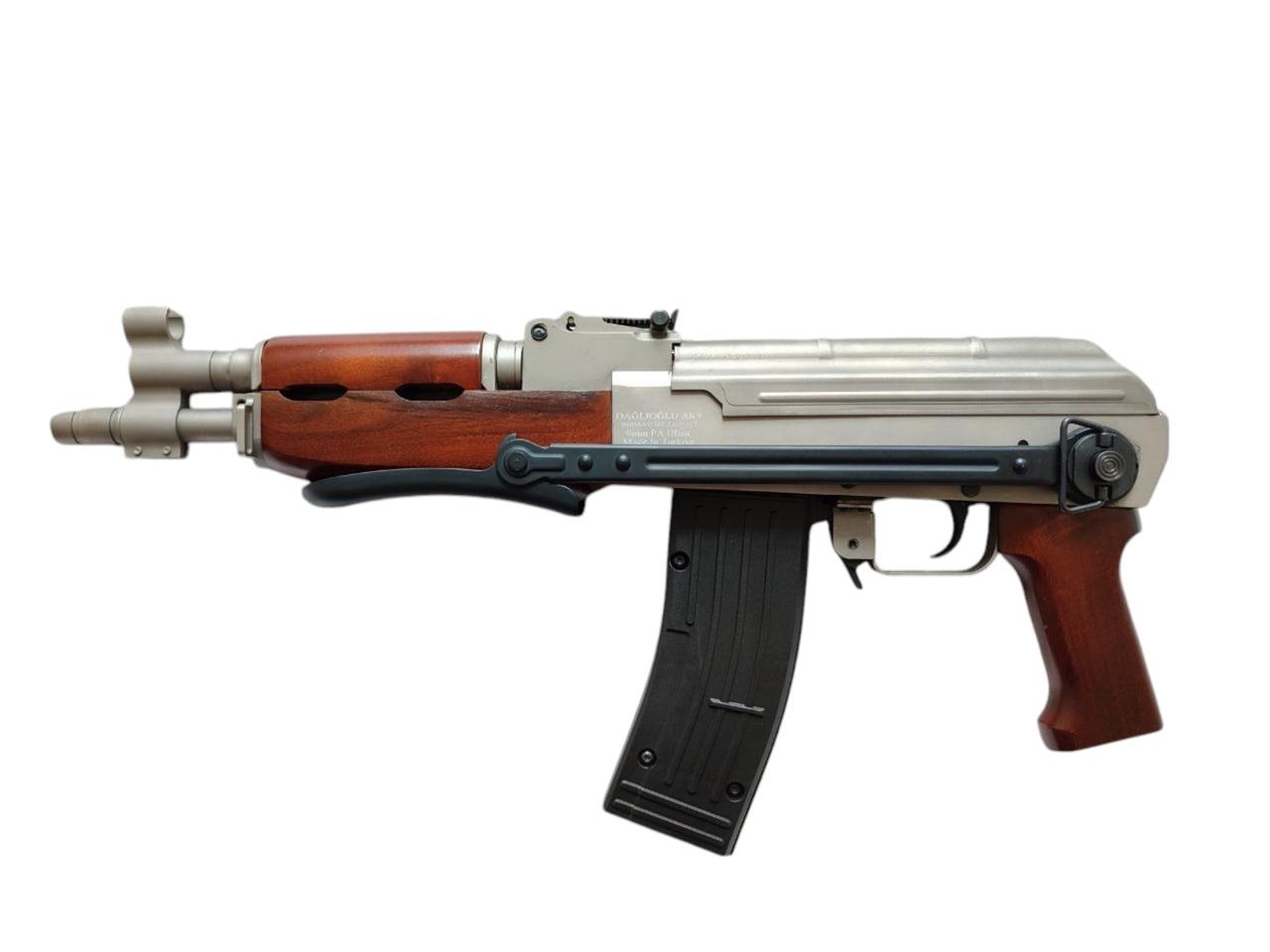 Сигнально Шумовий АКМС хром матовий, рукоять дерево (автомат Калашнікова Модернізований Складаний)