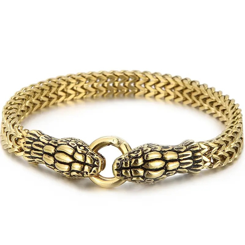 Браслет золотистий сталевий у вигляді змії з кільцем 21 см символ відродження AurumLux100, фото 1