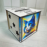 Копілка на мрію з дерева куб "Котик патріот" Розмір 10.5*10.5 см, фото 4