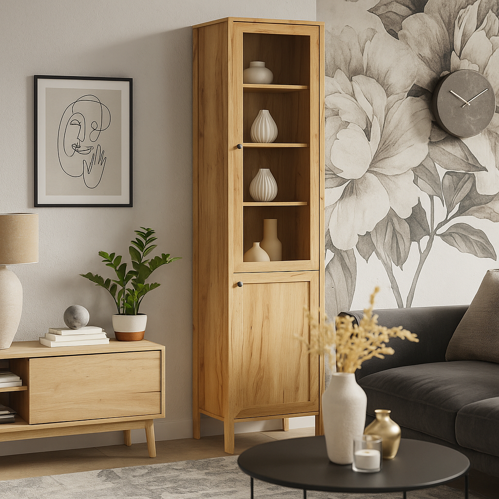 Сучасна стильна пенал вітрина 55 см для посуду на ніжках модерн у вітальню зал ЛДСП Klark VMV Holding дуб крафт золотий