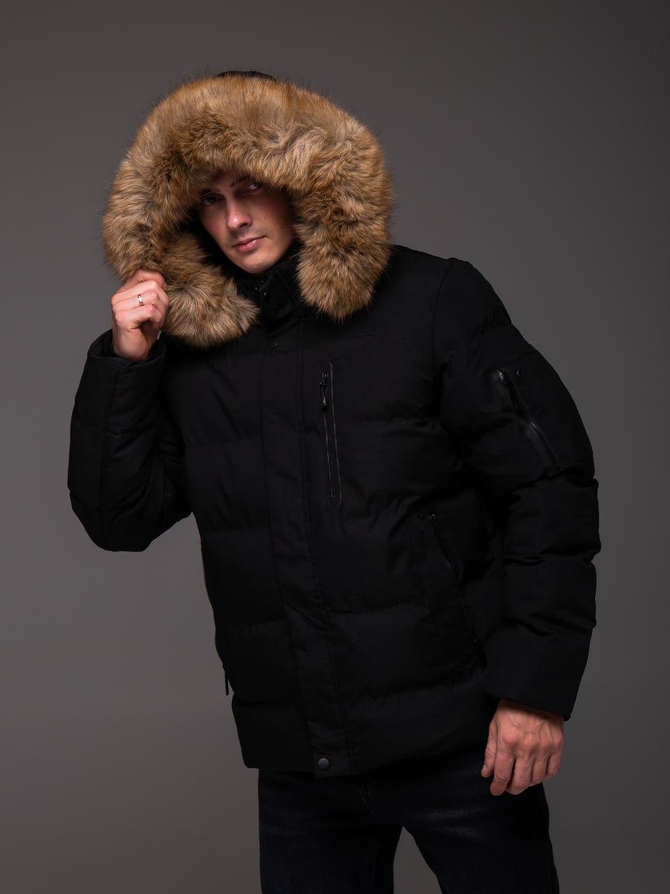 Куртка чорна зимова чоловіча з хутром на капюшоні Hutro, фото 1