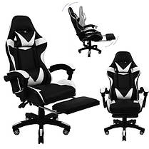 Крісло комп'ютерне геймерське Bonro B-810 чорно-біле екошкіра з підставкою для ніг і регулюванням кута нахилу + 2 подушки, фото 3