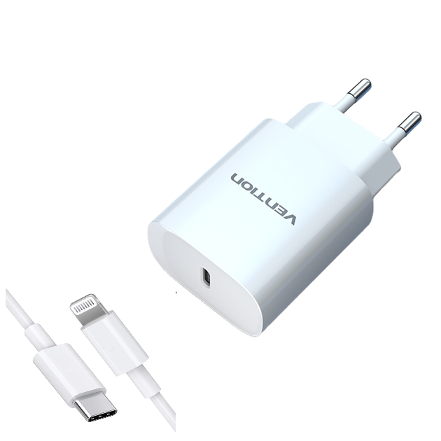 Комплект зарядний пристрій із підтримкою швидкого заряджання, Vention PD 20W Type-C + Кабель USB-C to Lightning 1m, фото 1