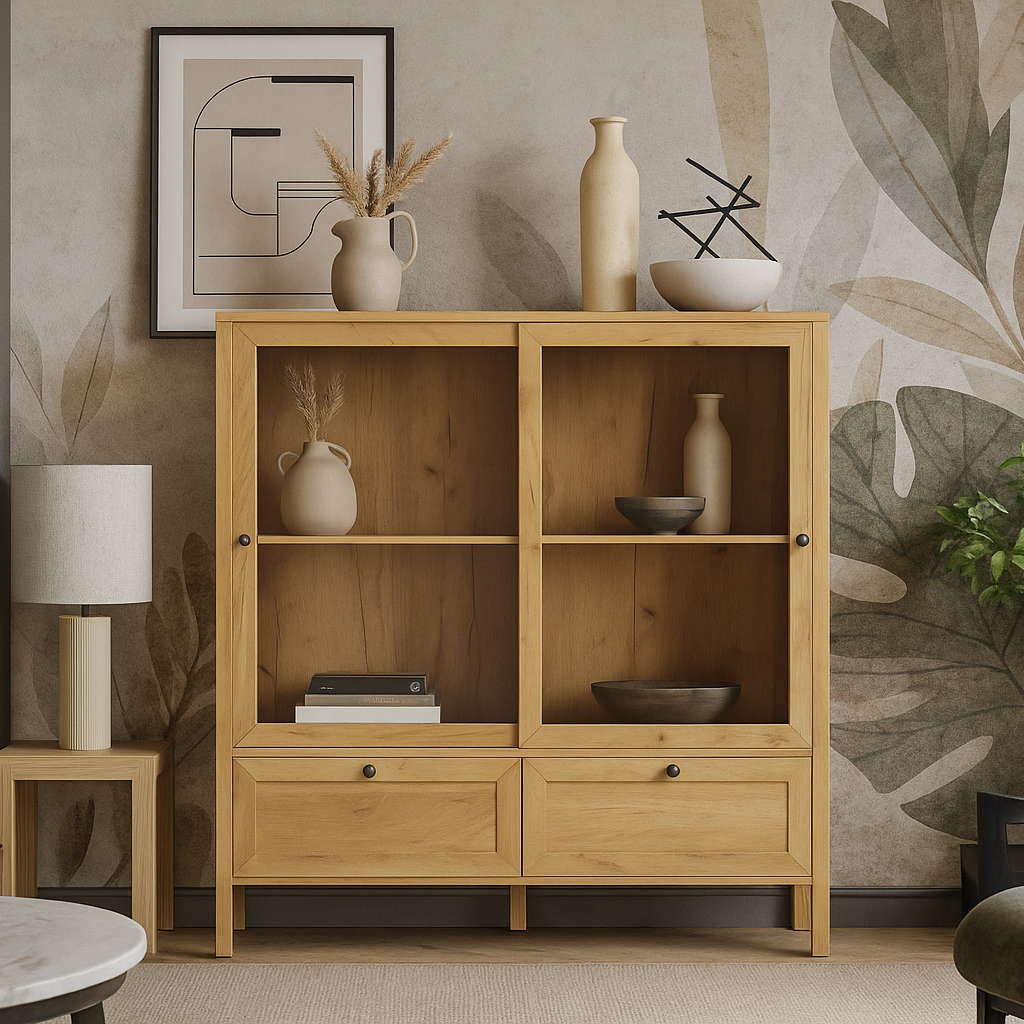 Стильна сучасна низька вітрина для посуду 133 см на ніжках модерн у вітальню зал ЛДСП Klark VMV Holding дуб крафт золотий