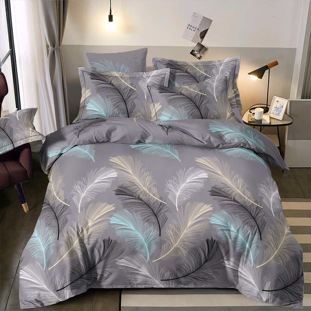 Постільна білизна Королева Ночі (Сатин) | Полуторний комплект | 50х70 | Пір'я на сірому, фото 1