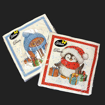 Новорічні паперові серветки Silken "Пінгвін та Сова'" 2 шари 12 штук