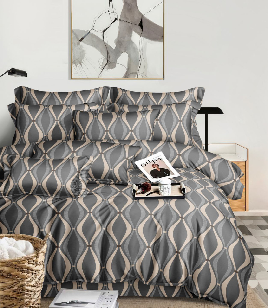 Постільна білизна Королева Ночі (Сатин) | Полуторний комплект | 50х70 | Геометричний візерунок на сірому, фото 1