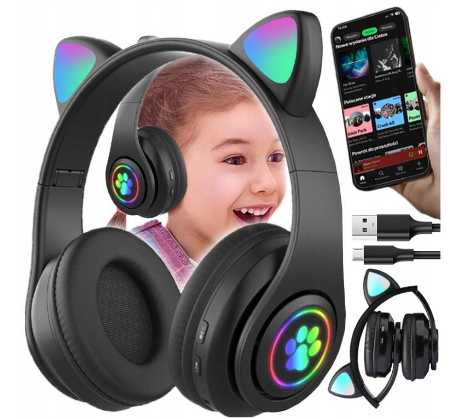 Бездротові дитячі навушники з котячими вушками та LED підсвіткою ZS7F Чорні, фото 1