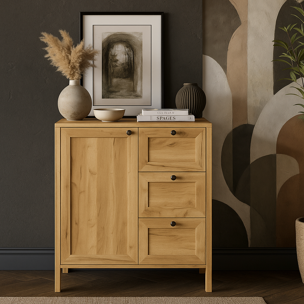 Маленький комбінований комод 80 см з шухлядами та полицями на ніжках у сучасному стилі у вітальню зал ЛДСП Klark VMV Holding