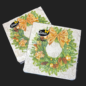 Новорічні паперові серветки Silken "Віночок з прикрасами'" 2 шари 12 штук