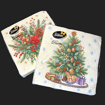 Серветки новорічні паперові Silken "Ялинка та новорічний букет"" 2 шари 16 штук