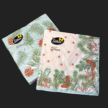 Новорічні паперові серветки Silken "Сосна з шишками" 3 шари 18 штук