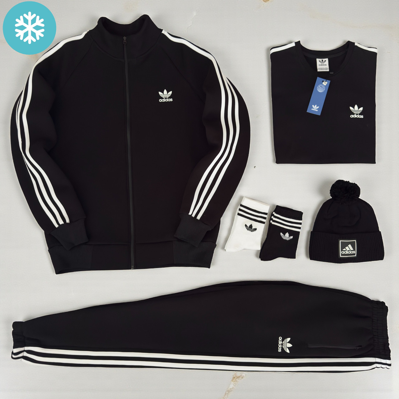 Зимовий чоловічий спортивний костюм Adidas теплий на флісі чорний Туреччина. Комплект одягу осінь-зима, фото 1