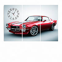 Картина з годинником «Chevrolet Camaro Z28 1970» Червоний ретро автомобіль Друк на полотні Декор для чоловіка 90х60 см з 3х частин, фото 2
