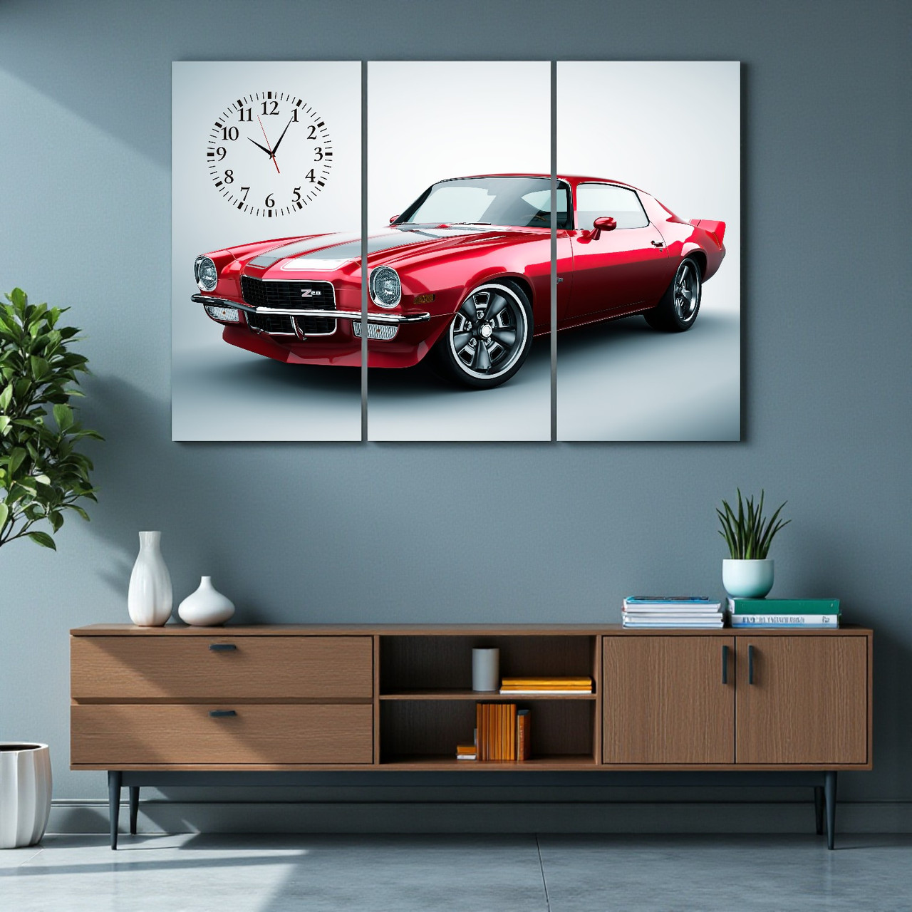 Картина з годинником «Chevrolet Camaro Z28 1970» Червоний ретро автомобіль Друк на полотні Декор для чоловіка 90х60 см з 3х частин, фото 1