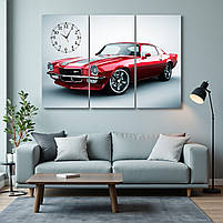 Картина з годинником «Chevrolet Camaro Z28 1970» Червоний ретро автомобіль Друк на полотні Декор для чоловіка 90х60 см з 3х частин, фото 3