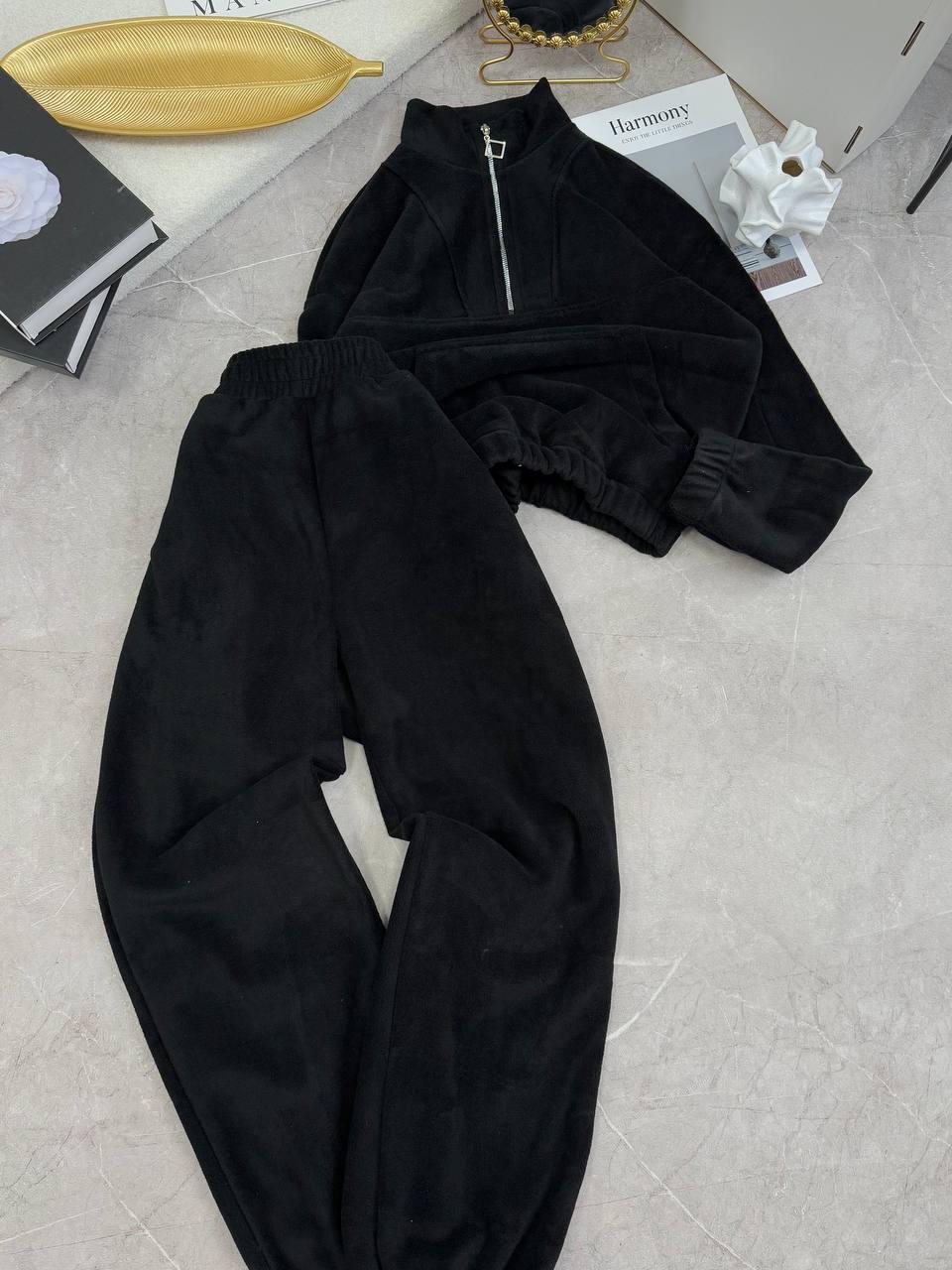 Жіночий базовий теплий осінній об'ємний м'який костюм двійка кофта худі на блискавці штани а манжетах фліс полар, фото 1